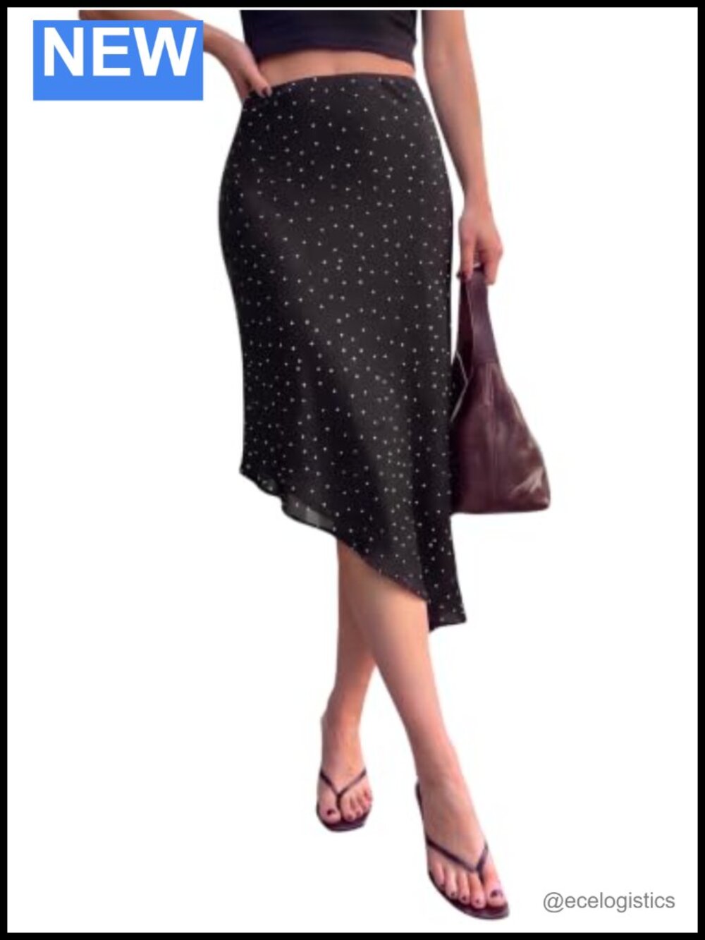 Womens Polka Dot Silk Satin Midi Skirt Asymmetrical Flow